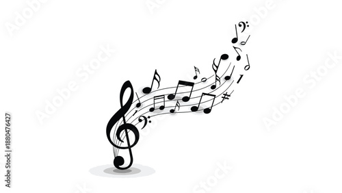 A treble clef and flowing musical notes are depicted on a white background.