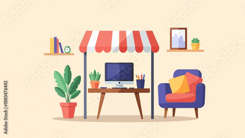 Cozy workspace with computer and armchair under a striped awning