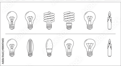 Different types of light bulbs and candles in thin line style icon
