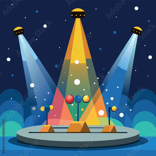 A colorful stage at night with bright spotlights shining down, glowing lights
