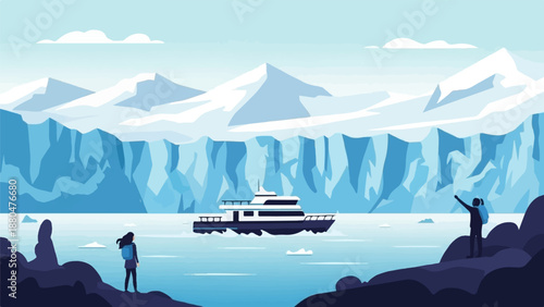 Expeditioners observe a cruise ship in a frozen glacial landscape