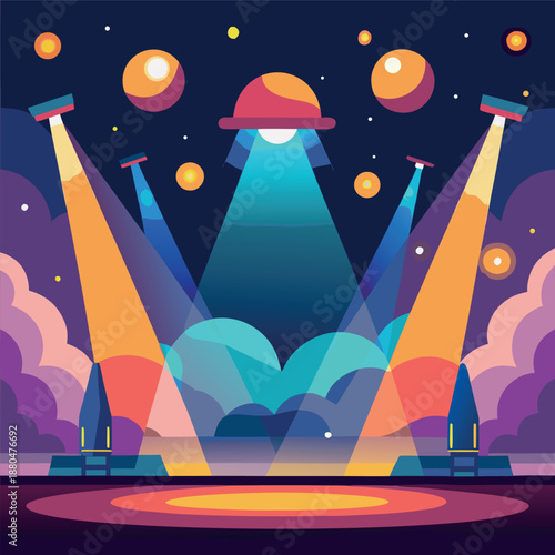 A colorful stage at night with bright spotlights shining down, glowing lights