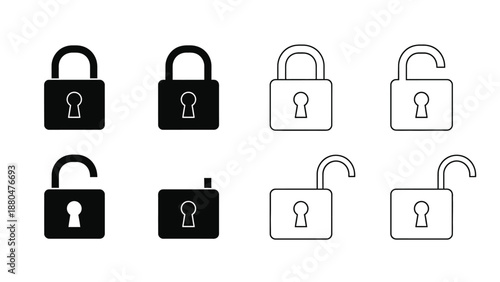 A collection of black and white padlock icons, some locked and some unlocked.
