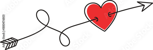 Hand drawn heart pierced by a curly arrow, cupids arrow illustration for love and romance