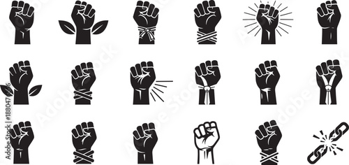 Collection of various raised clench fists silhouettes representing power protest