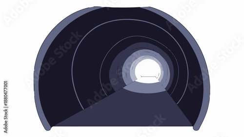 Dark tunnel with concentric rings and a bright exit ahead