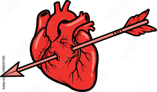 A cartoon illustration of a red heart pierced by a pink arrow