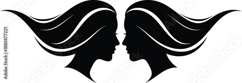 Black silhouette of two female faces in profile facing each other with flowing hair