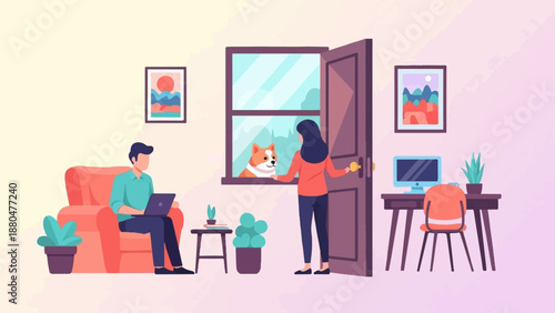 Dog peeks through window at person opening door, while other person works