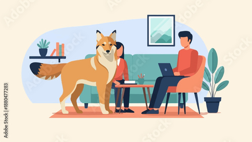 Dog with people inside a modern living room, working and relaxing