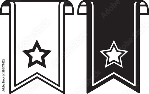 Bookmark ribbon icons with star outline and filled version vector design