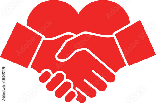 Red heart shaped hands shaking in a symbol of love and partnership