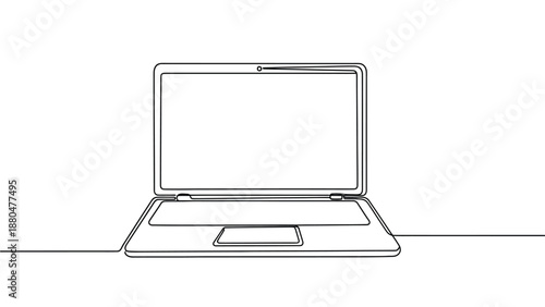 A single continuous line drawing of an open laptop computer against a white background.