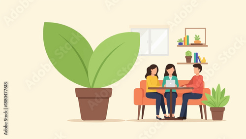 Diverse group collaborating around a laptop in a bright, plant-filled interior
