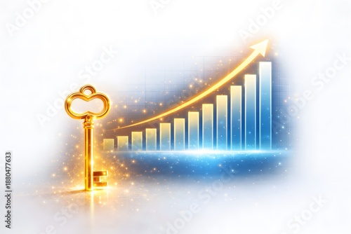 Golden key unlocking financial growth and success represented by a rising bar chart