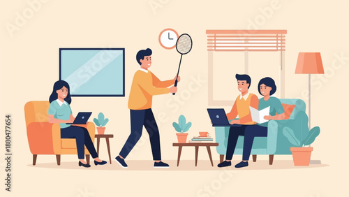 Diverse group enjoying leisure and work in a cozy home setting