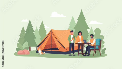 Diverse group enjoying a serene camping trip amidst lush trees and a cozy tent