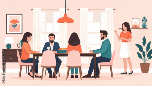 Diverse group enjoys meal and conversation around a dining table