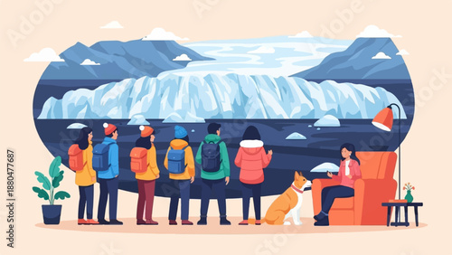 Diverse group explores icy landscape from cozy room, dog present