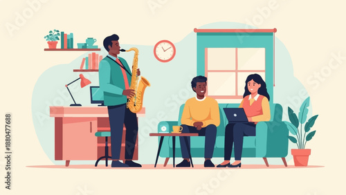 Diverse group enjoying music and work in a cozy home setting