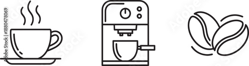 Coffee icon set with espresso machine cup and beans in line style