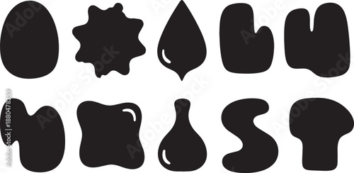 Set of black irregular liquid shapes on a transparent background