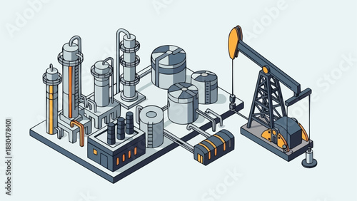 Oil refinery and pumpjack industrial complex illustration.