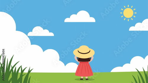 Child in Straw Hat Gazing at Sunny Sky with Clouds.