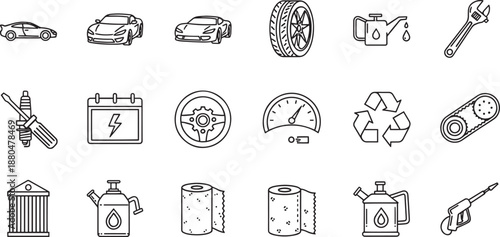 Car service and maintenance outline icon set for automotive mechanics