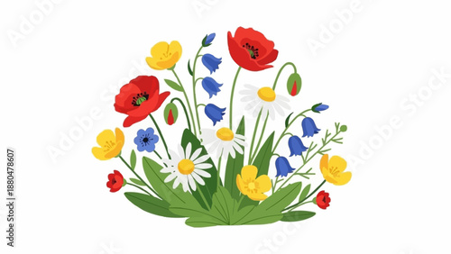 Vibrant Wildflower Bouquet with Poppies Daisies and Bluebells.