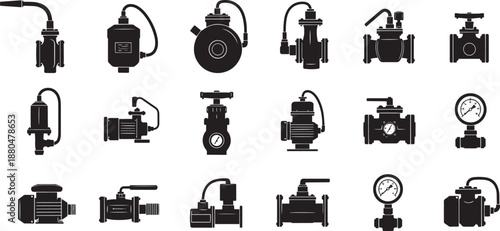 Plumbing valve and water pump icons for industrial pipe system sets