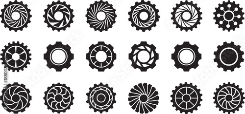 Collection of various technical gear shapes for industrial machinery