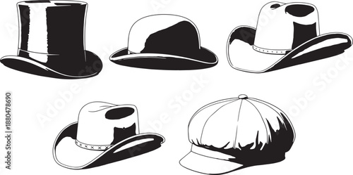Set of classic hat silhouettes for men including top hat and fedora