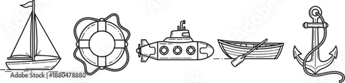 Nautical icons with boat anchor submarine and lifebuoy vector art