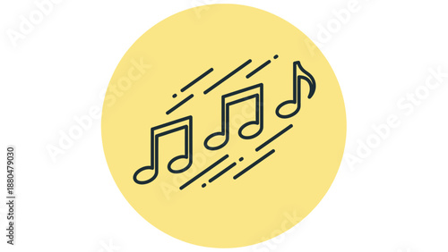 Musical notes are depicted in a line on a yellow background with motion lines.
