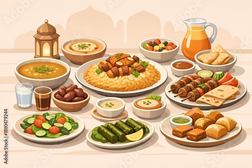 Ramadan iftar food illustration for festive campaign banners and commercial design use