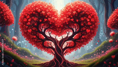 Romantic heart shaped tree with red leaves in mystical forest symbolizing love and passion in nature