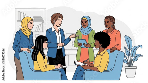 Diverse group of women in a meeting discussing ideas and collaborating representing teamwork and inclusivity in a modern office setting