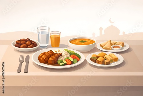 Ramadan iftar meal illustration for promotional banner and festive visual design