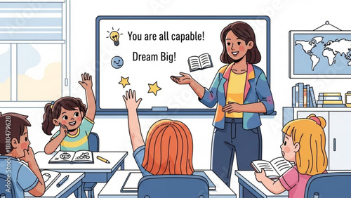 Teacher inspiring students with motivational messages on a whiteboard promoting education and learning in a classroom setting