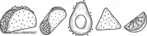 Mexican food ingredients line art collection hand drawn tacos