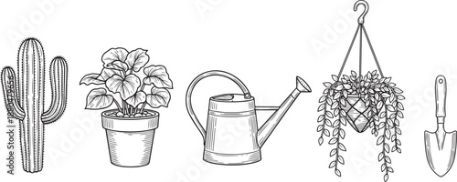 Gardening and planting tools icons set sketch engraving style