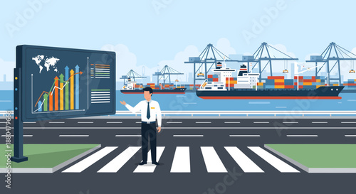 Businessman standing on crosswalk near cargo ship