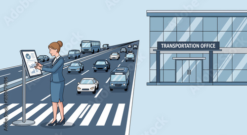 Businesswoman crossing street near transportation building
