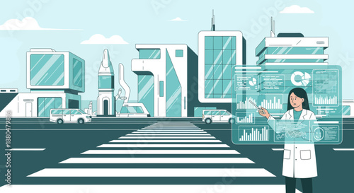 Futuristic cityscape with scientist interacting with virtual data