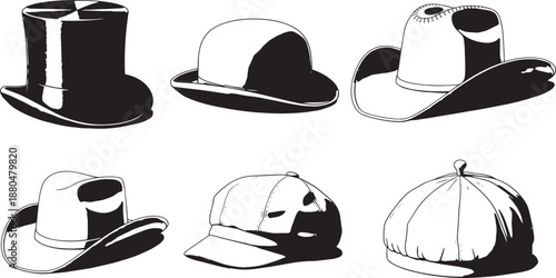 Set of various hat styles including top hat, cowboy, and baseball caps