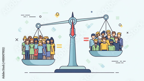 Scales of justice balancing diverse crowds of people representing equality and fairness in society conceptual vector illustration for legal or social themes