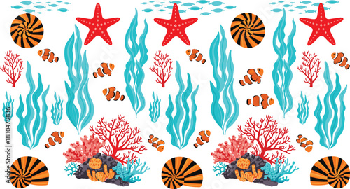 Seamless underwater coral reef pattern vector illustration with clownfish, starfish, seaweed, shells, and tropical ocean life