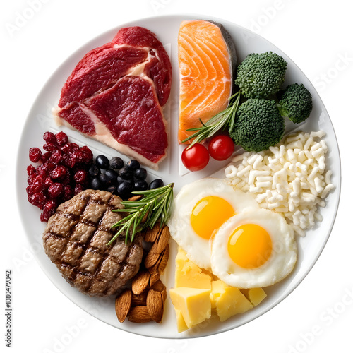 A balanced plate of high protein foods including meat fish eggs and vegetables symbolizing healthy eating and nutrition