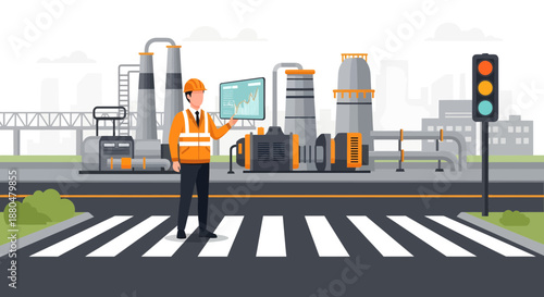 Industrial Worker Examining Data at Crosswalk with Factory Background